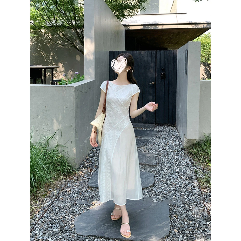 【微风入夏】不规则泡泡袖连衣裙女夏季简约一字领A字长裙21678#