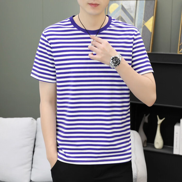 2025夏季短袖T恤中青年条纹圆领百搭半袖体恤男装上衣服