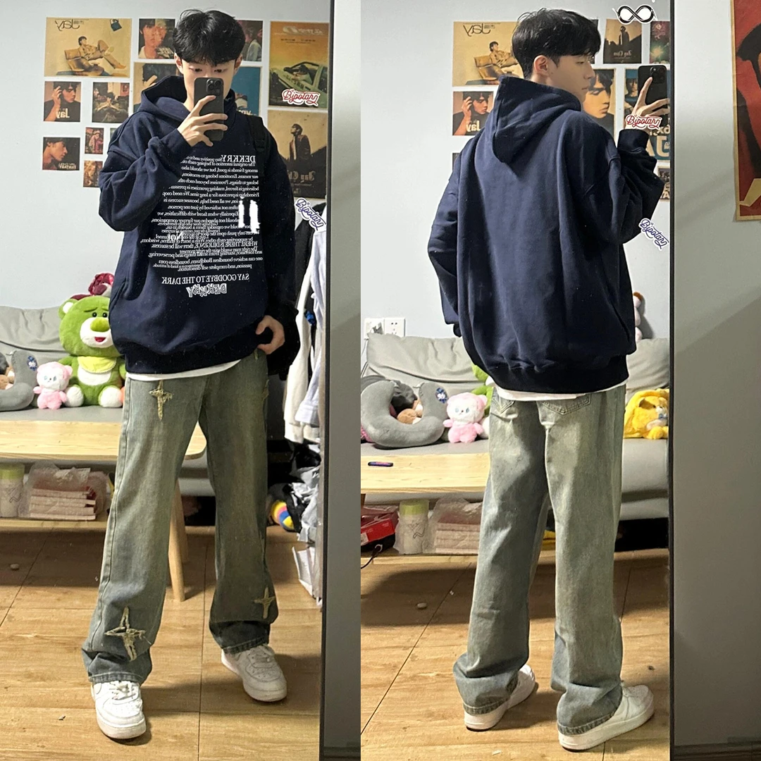 美式设计感潮牌字母印花无口袋连帽卫衣男女秋冬休闲宽松情侣上衣