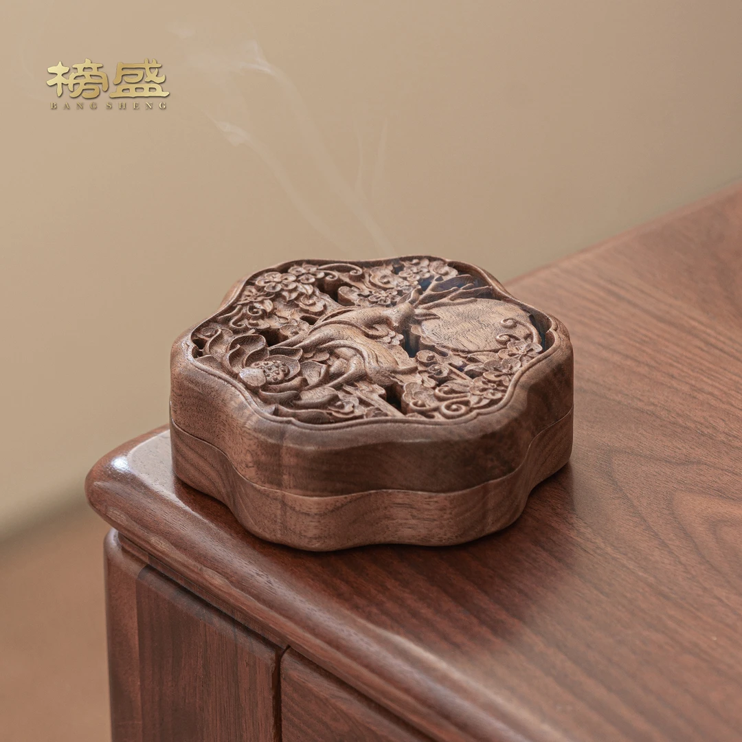 榜盛北美黑胡桃木香炉家用复古沉香檀香熏香盒茶道香薰炉茶具配件