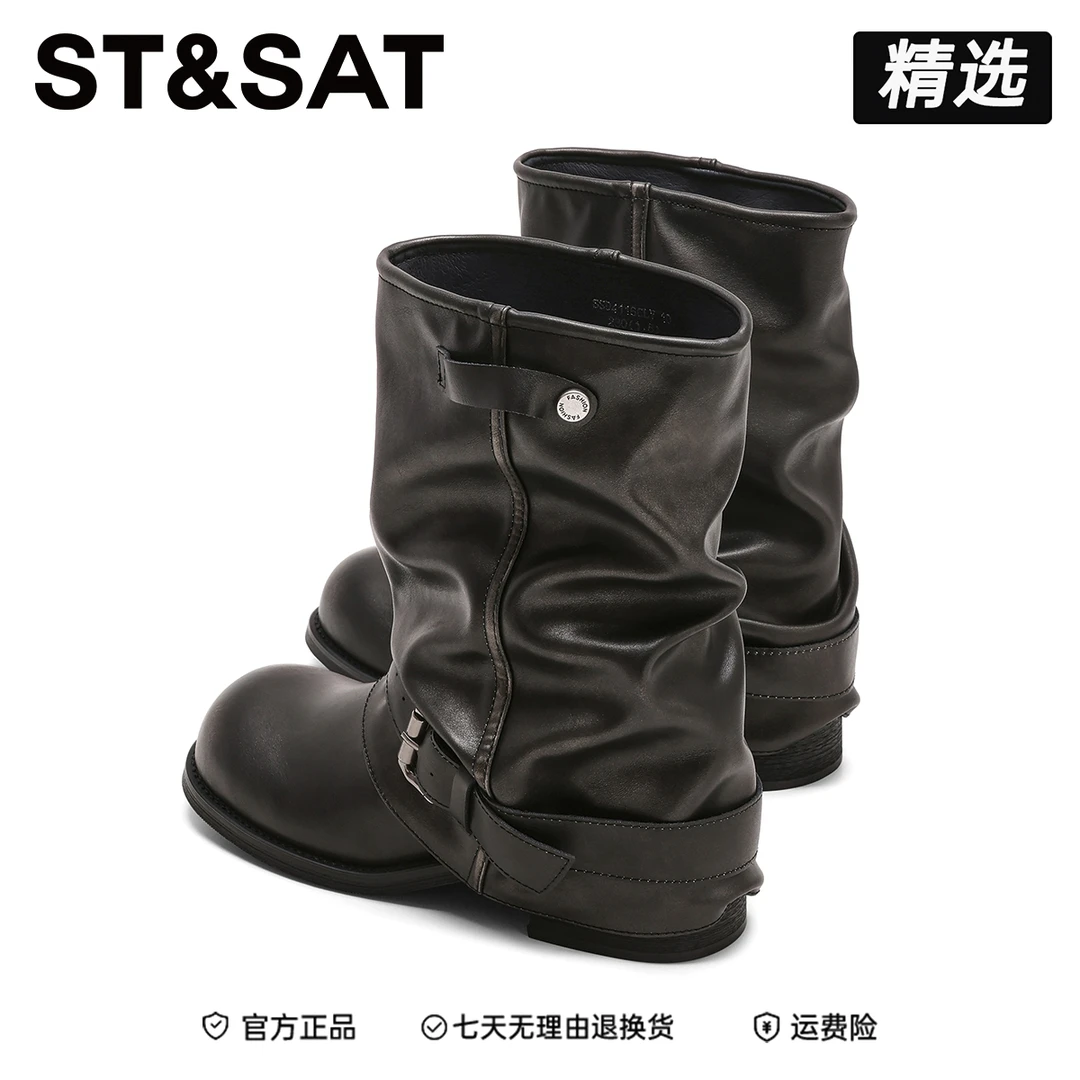 星期六黑色粗跟裤管骑士靴2025新款皮带扣堆堆靴英伦风时尚单靴子