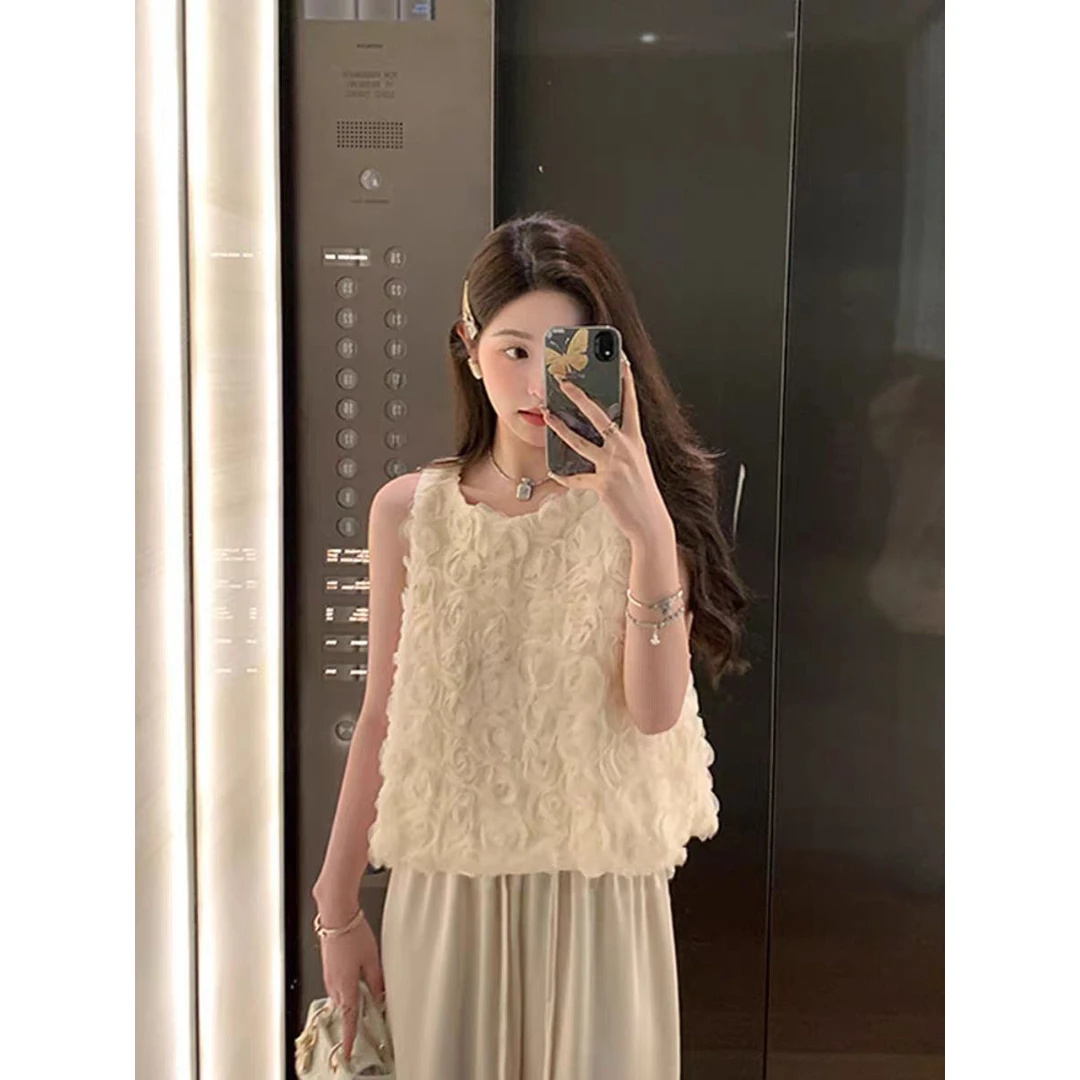 法式气质立体玫瑰花无袖背心2025夏季新款设计感千金名媛风上衣女