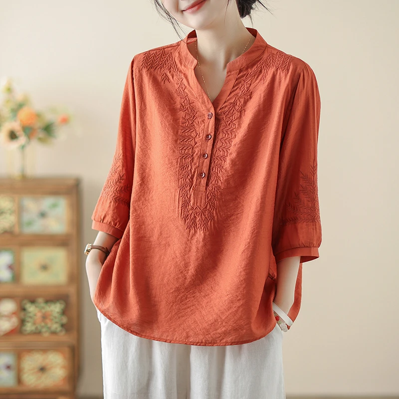 夏季薄款宽松型纯色中老年女装绣花民族风上衣夏装国风妈妈装小衫