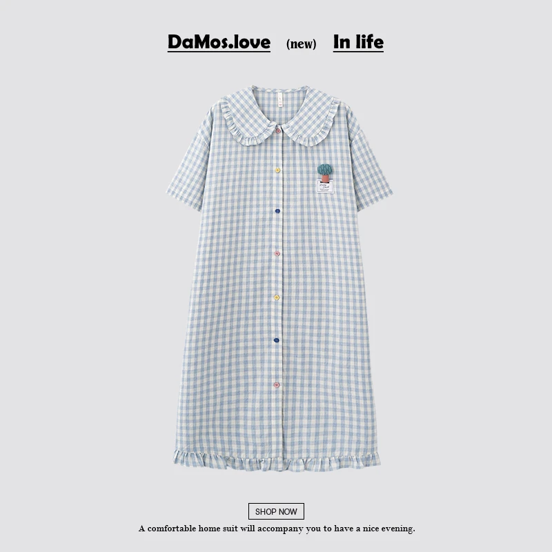 黛梦思新款开衫睡裙女夏季纯棉短袖家居服甜美少女格子睡衣可外穿