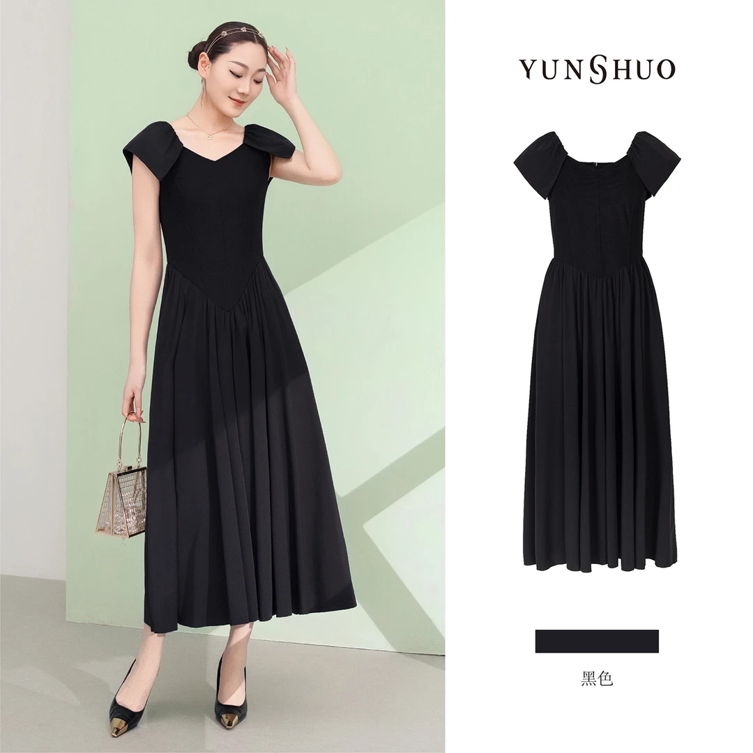 允硕新品时尚百搭V领无袖高腰遮胯伞裙女夏高智感黑连衣裙569428