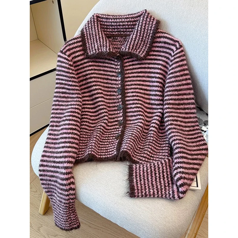【丹姐家~】复古撞色条纹立领长袖针织开衫