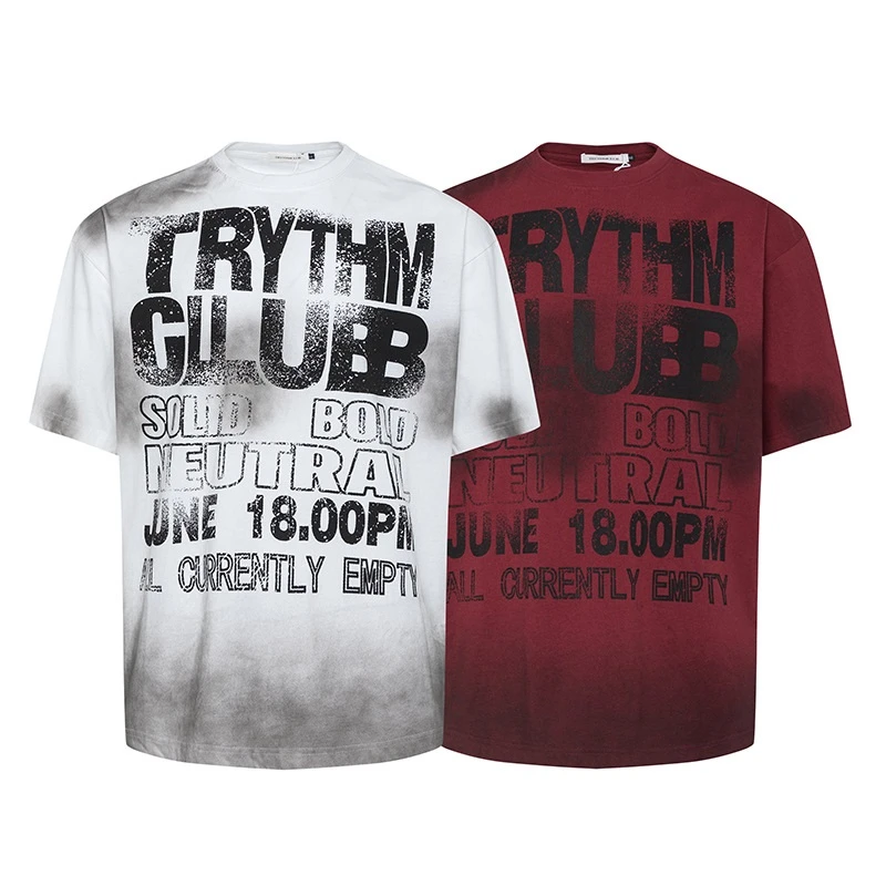 原创美式复古重磅洗水做旧vintage短袖T恤渐变扎染朋克风半袖潮流