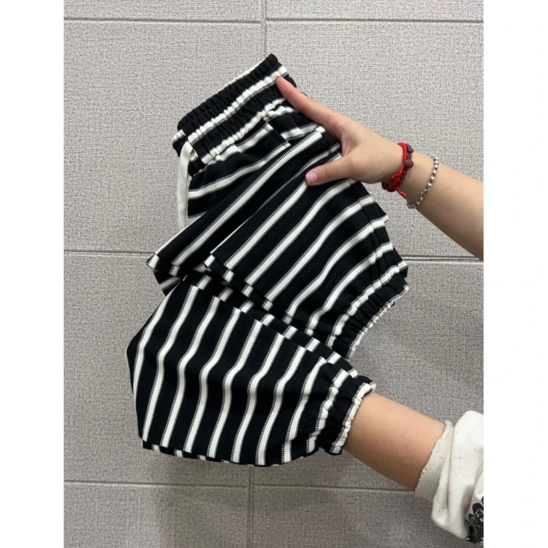 洋气条纹宽松九分2025春季新款时尚百搭高腰韩版显瘦休闲裤哈伦裤
