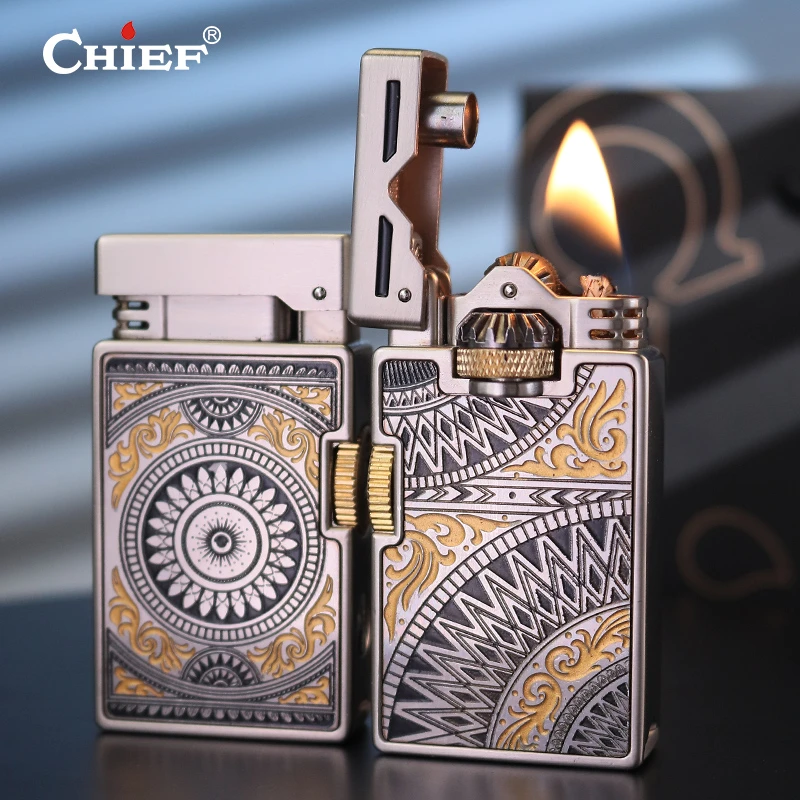 二创设计款曼陀罗元素煤油打火机顺字双齿轮联动点烟器