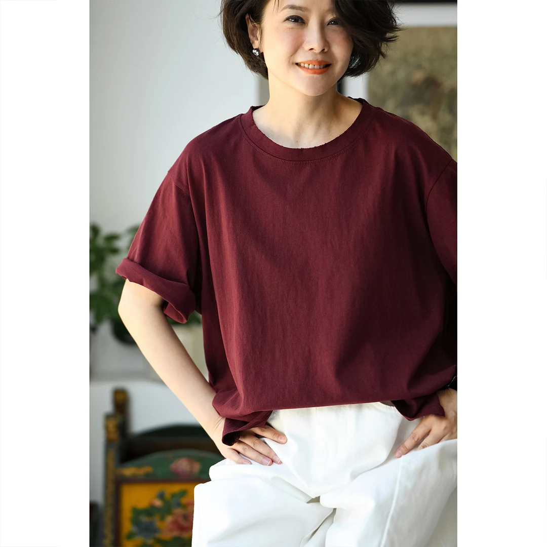 T58700 通勤简约圆领短袖纯棉宽松大版纯色基础款T恤女夏米兰宣言