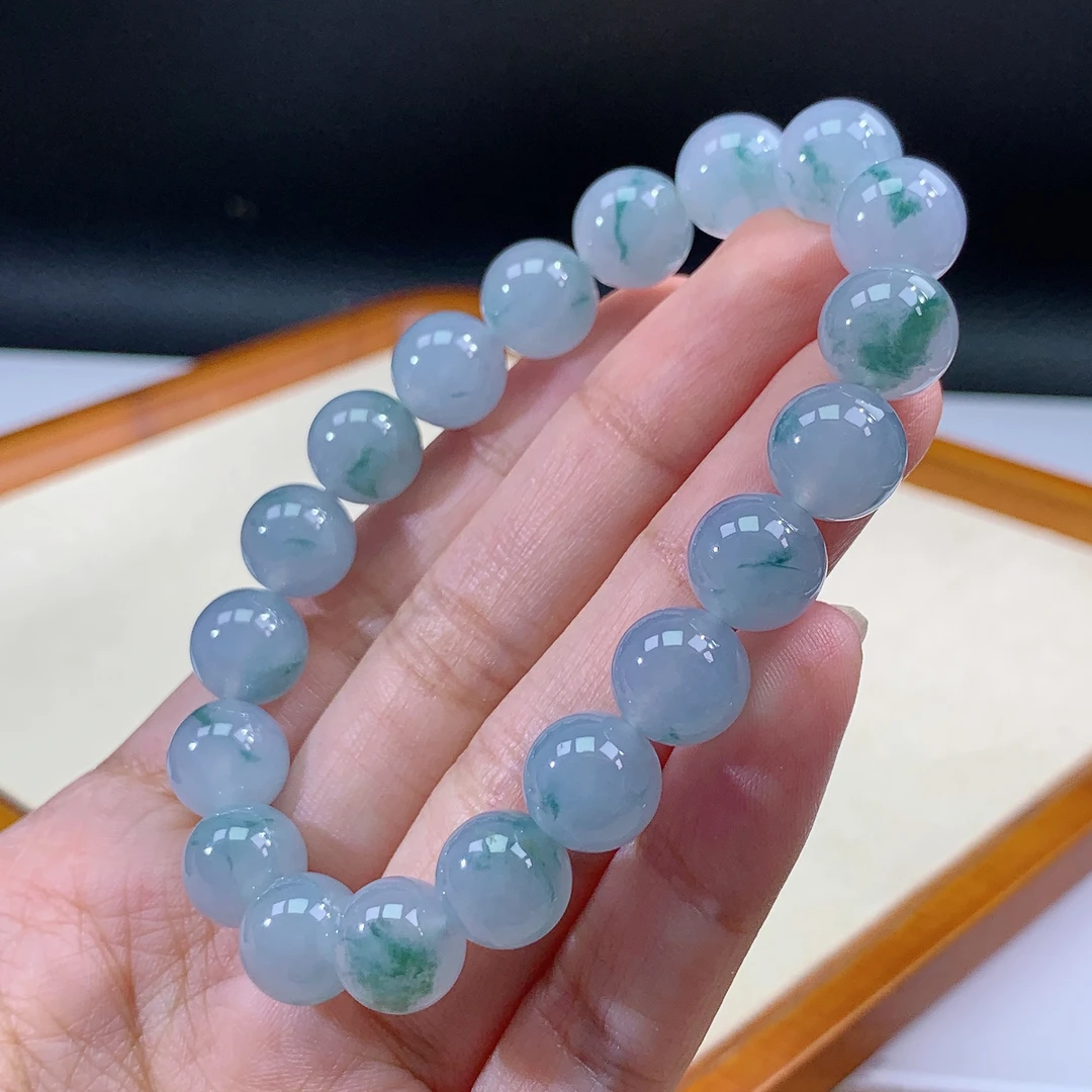 7.18-10缅甸天然翡翠A货飘花手串卡10mm19颗粒