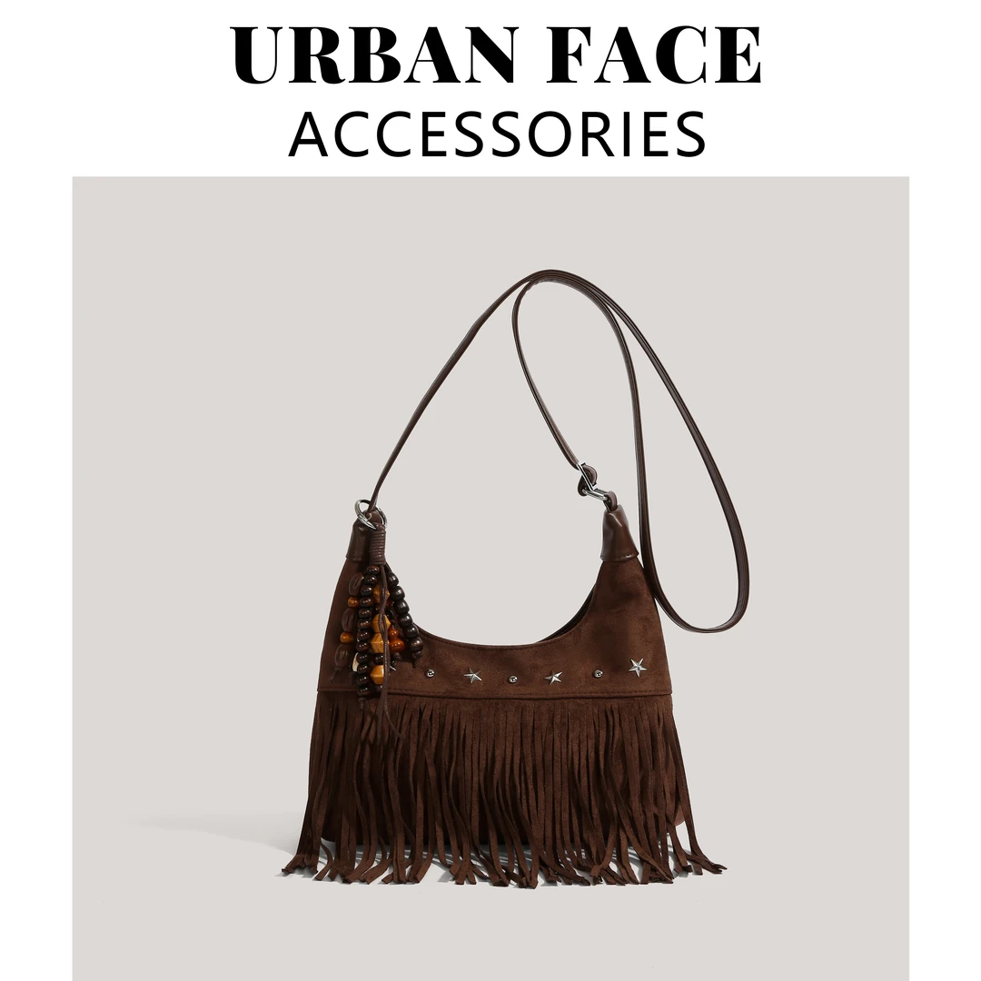 URBAN FACE复古磨砂流苏包包女2025秋冬季新款通勤百搭单肩斜挎包