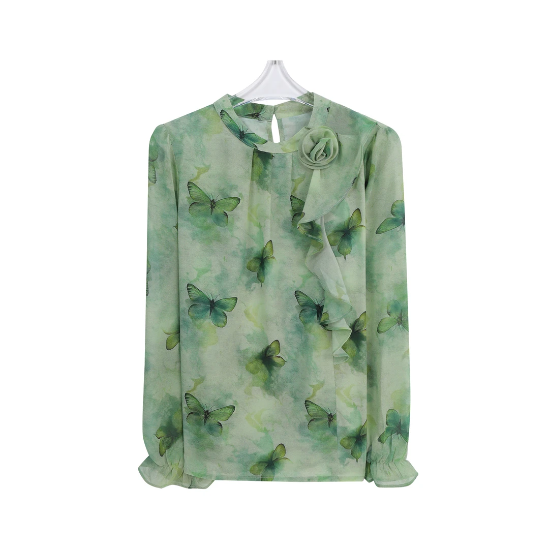气质衬衫蝴蝶印花装饰长袖上衣优雅百搭C11118