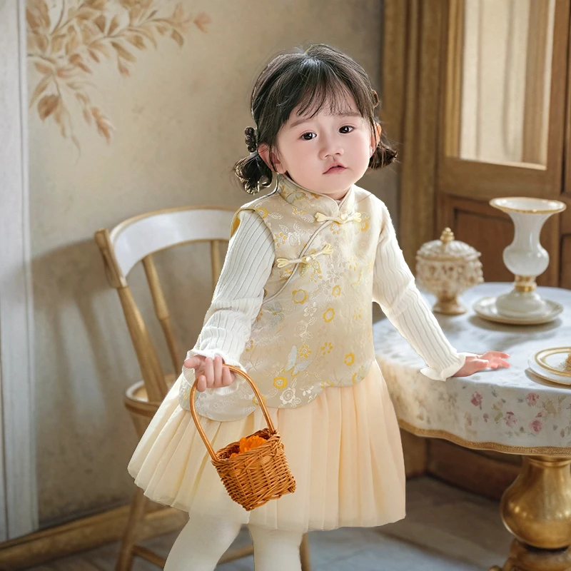 女童旗袍套装2025秋冬新款唐装中式小女孩连衣裙女宝宝生日公主裙