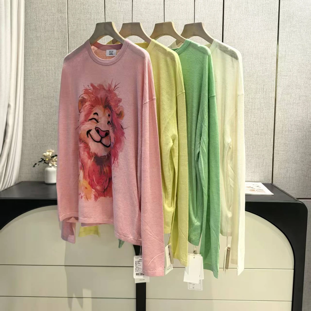 6903减龄卡通狮子印花轻薄桑蚕丝+亚麻套头衫J