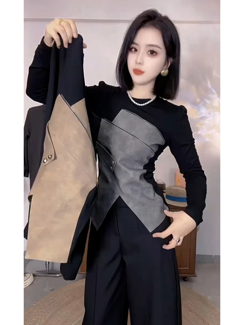 2025年超火洋气减龄高级感超好看上衣别致黑灰色撞色长袖T恤女秋