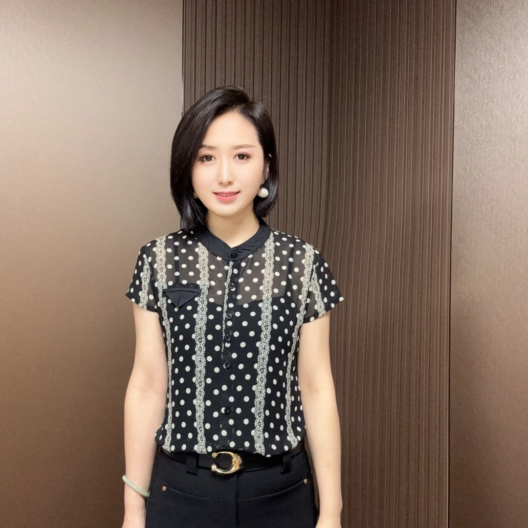法式轻奢复古气质百搭修身立领波点印花衬衫X6823