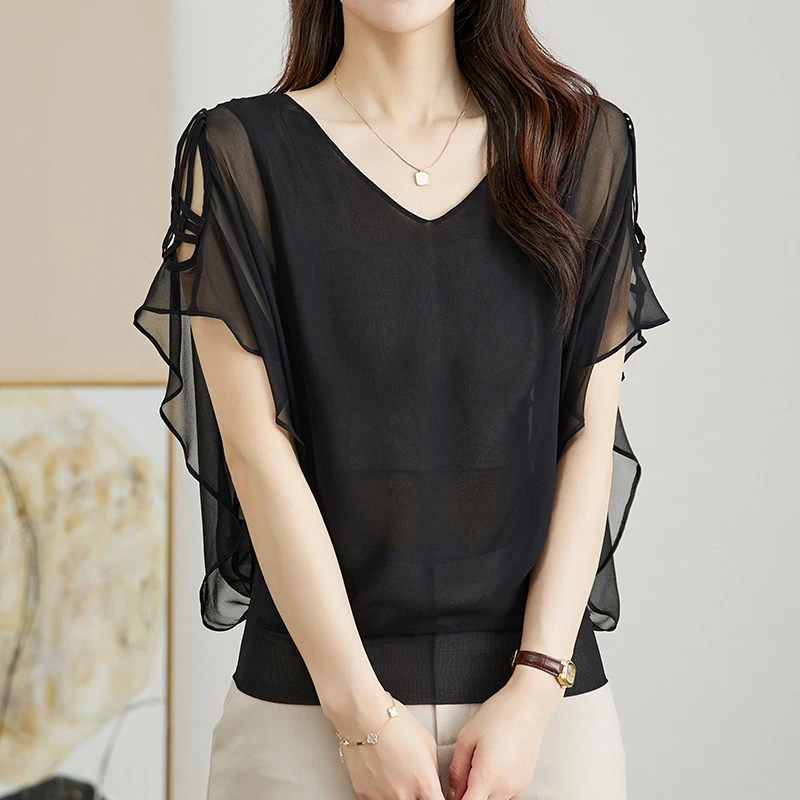 夏季时尚洋气真丝上衣女短款蝙蝠袖宽松V领桑蚕丝双层小衫T恤小衫