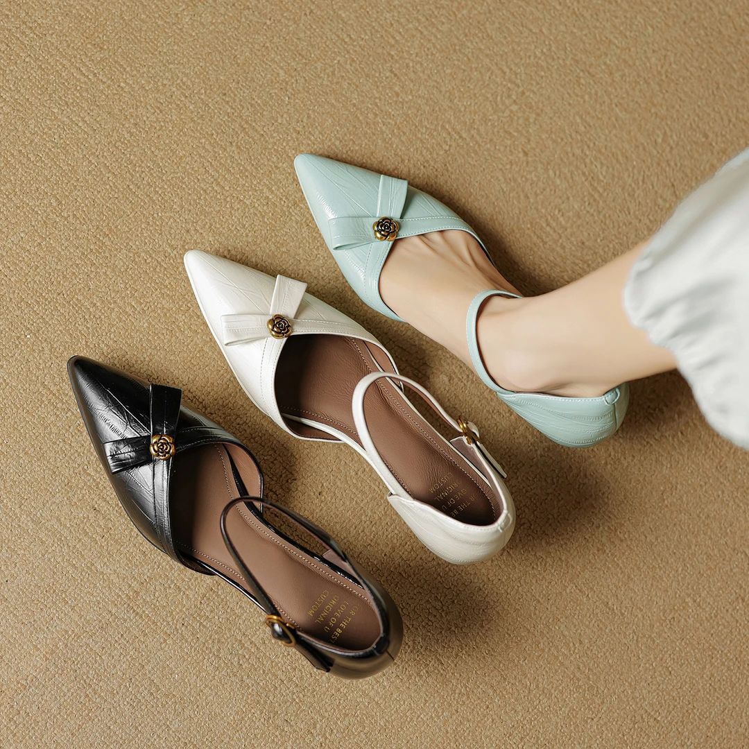 5.5cm山茶花包头中空凉鞋米白色真皮百搭法式时尚气质细跟高跟鞋