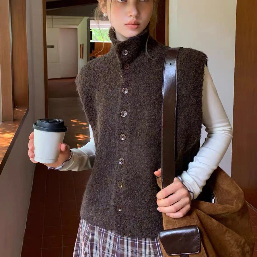 网红复古纯色圈圈纱马夹工字型款秋冬季女士常规款韩式外搭叠穿女