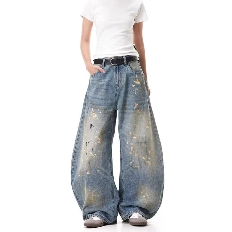 美式复古弯刀牛仔裤男女士潮牌设计泼墨脏染直筒阔腿裤宽松长裤潮
