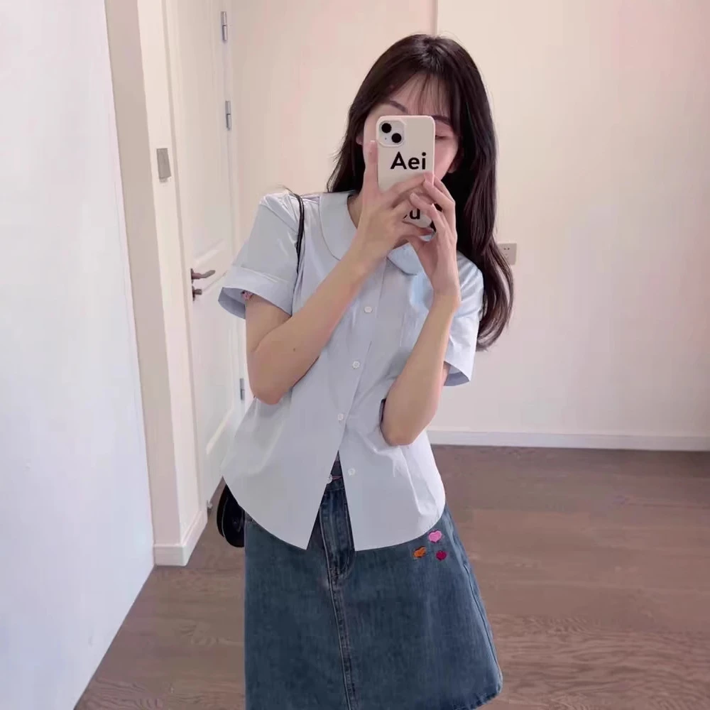 【雅雅臻选】法式正肩短袖蓝色衬衫女夏季2024年新款衬衣修身小个子