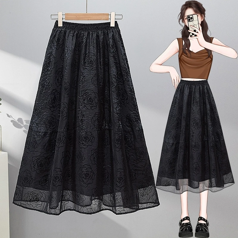 玫瑰提花黑色欧根纱中长款半身裙2025夏新款大码胖mm松紧腰大摆裙