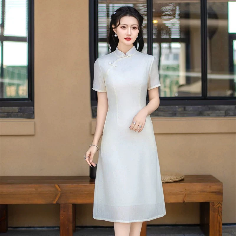 V-1863 百合 天*丝提花 米 A版 双层夏款年轻款改良旗袍110cm长款