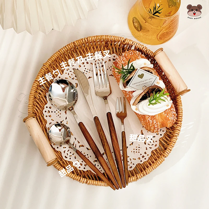 【老板推荐】高颜值ins风仿木葡萄牙餐具西餐甜品咖啡店刀叉勺