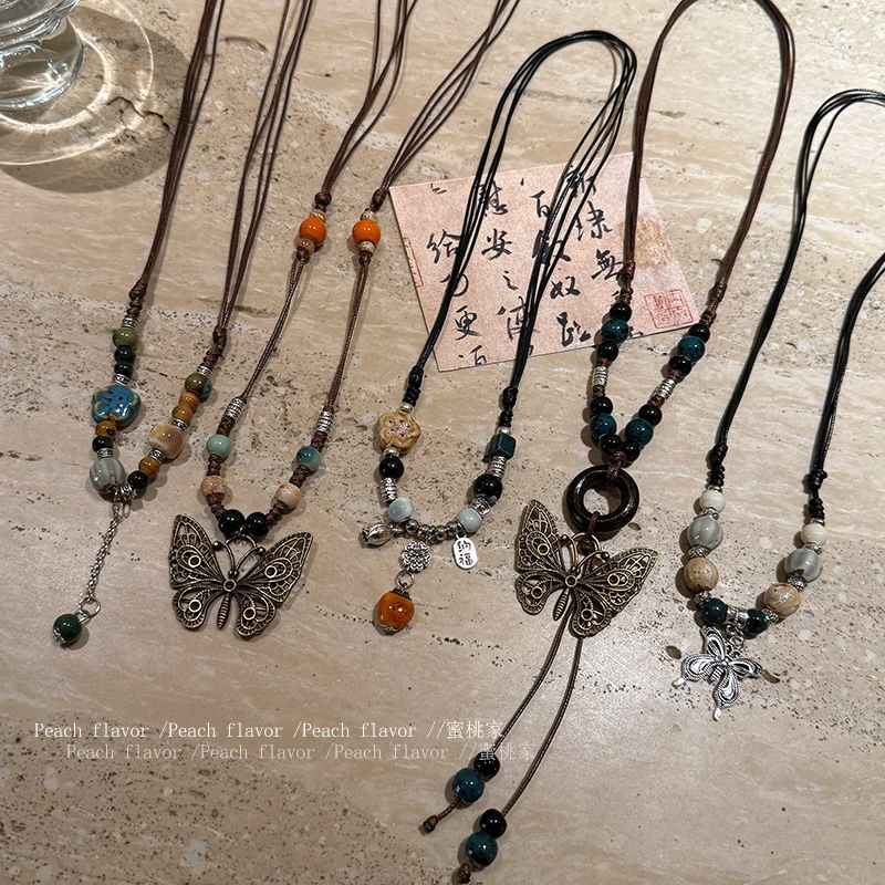 非金属陶瓷项链 彩色串珠陶瓷蝴蝶编织绳项链新中式民族古风配饰