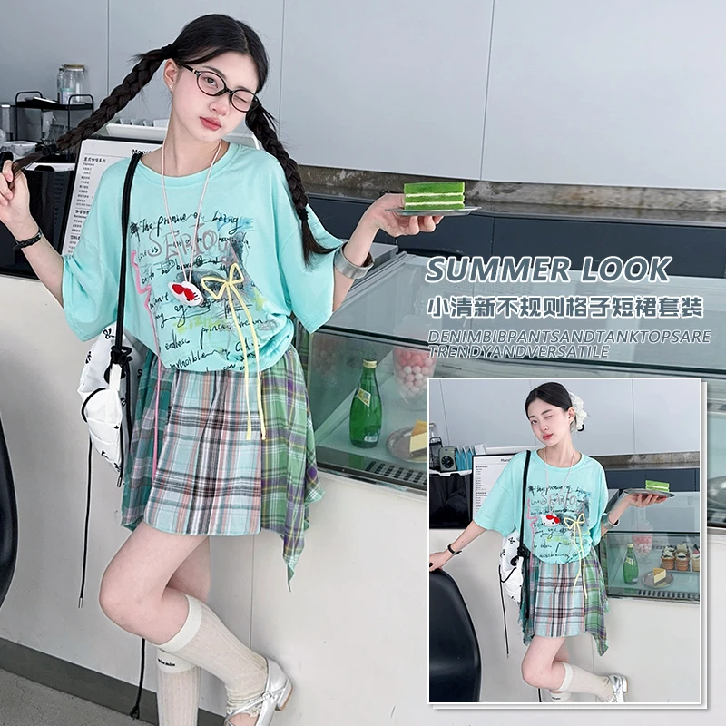 夏季设计感英文涂鸦印花上衣宽松蝴蝶结短袖T恤女童不规则格子裙