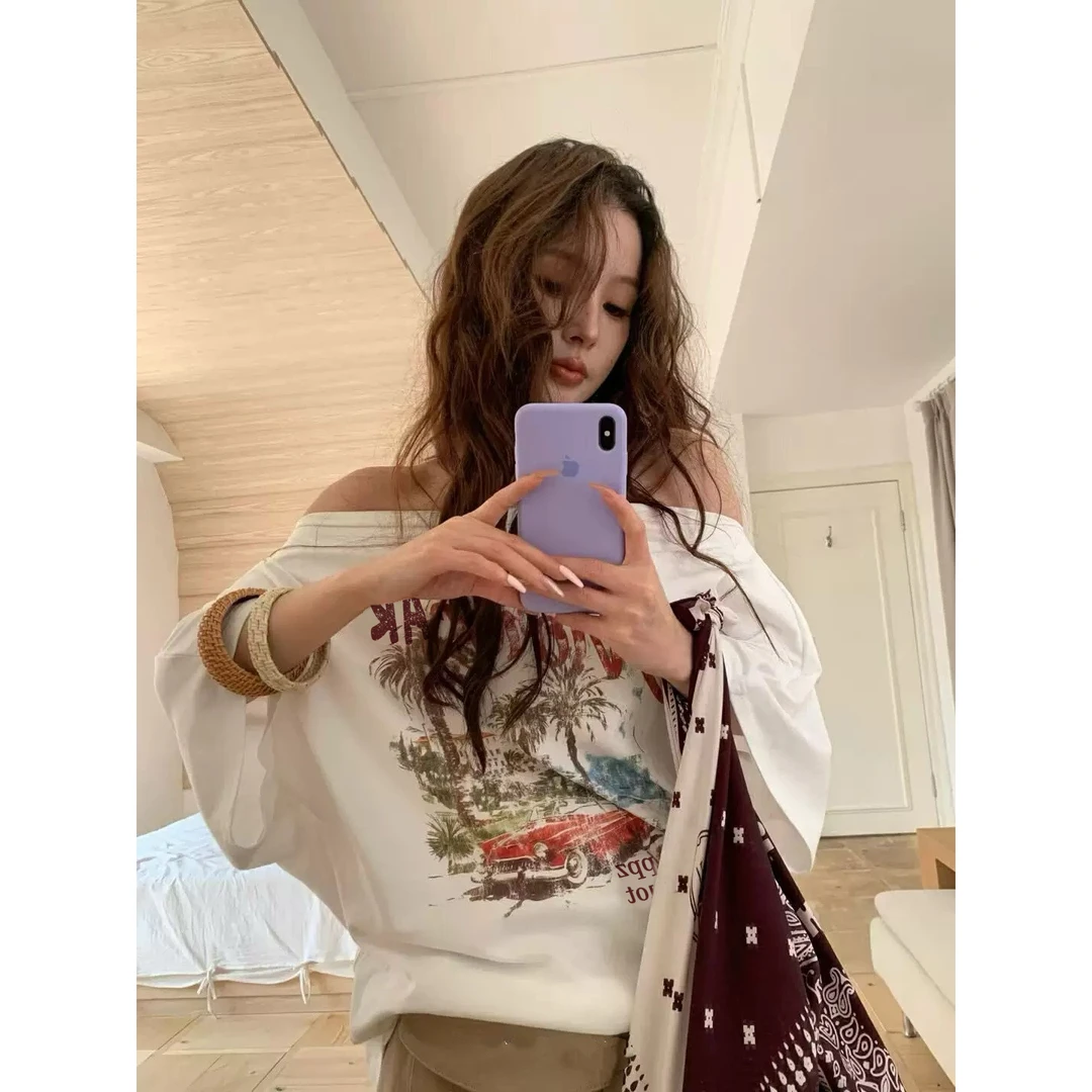 夏季新款一字领露肩短袖t恤女洋气宽松百搭炸街风小个子穿搭