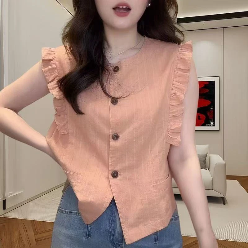 法式无袖衬衫女夏季新款圆领荷叶边设计薄款小衫时尚气质百搭上衣