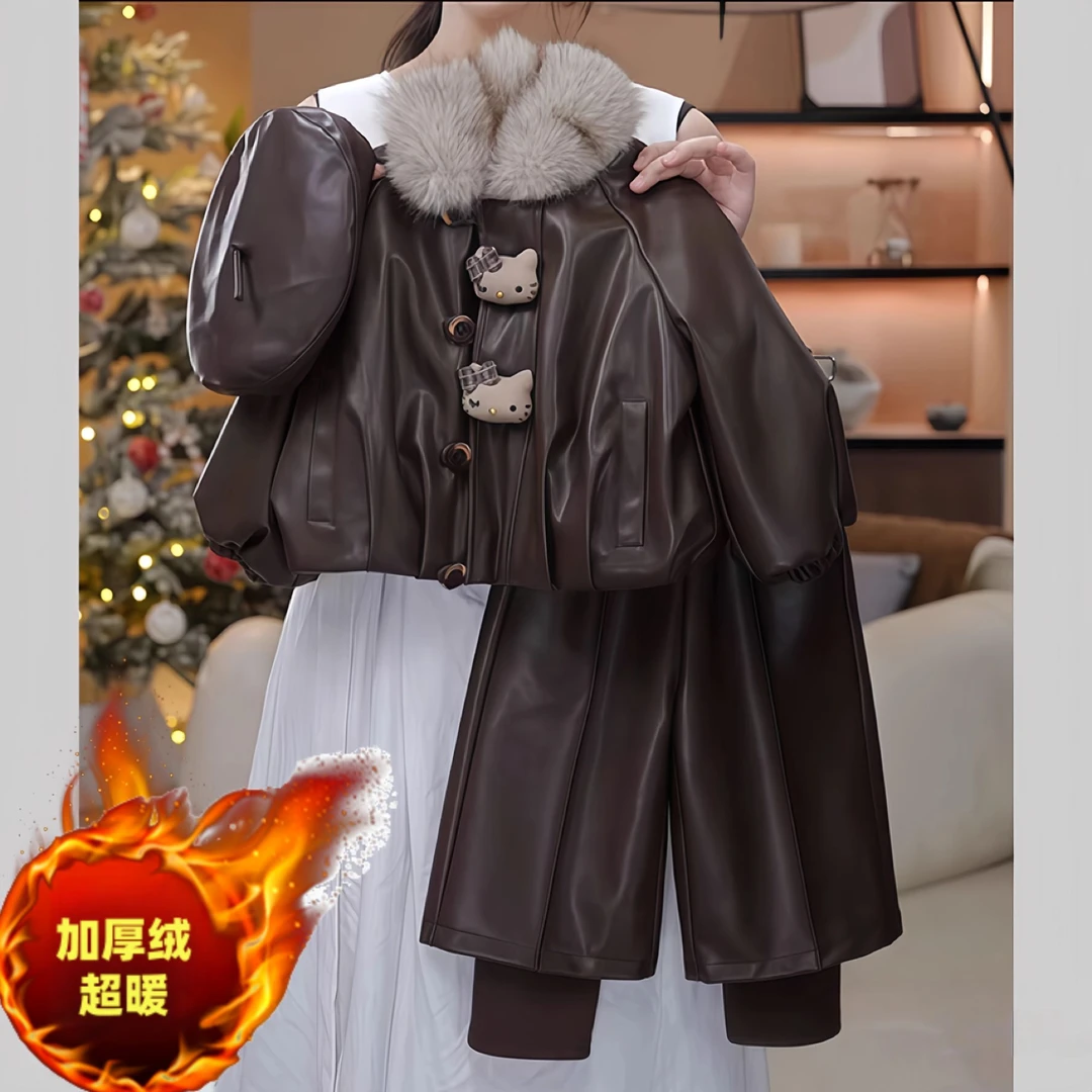 女童加绒软皮外套阔腿裤套装冬装2025新款加厚可爱毛领PU派克服潮