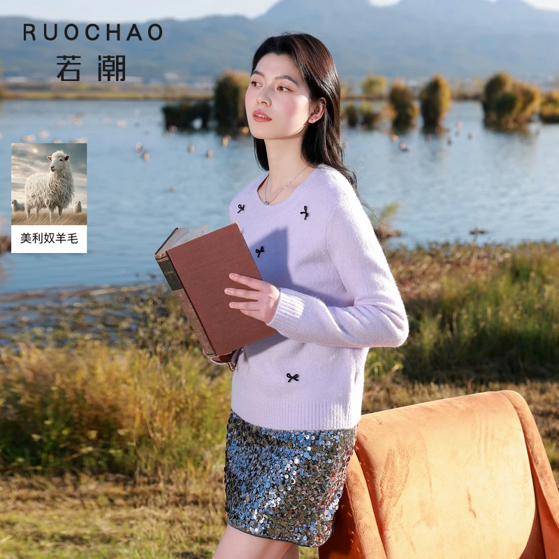 大码女装2026春季新款圆领针织衫淡紫宽松蝴蝶结长袖胖MM