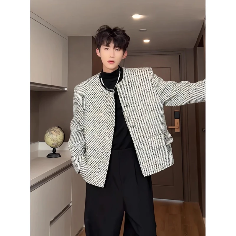 小香风男模痞帅风外套男春秋高级感短款垫肩夹克粗毛呢美式小西装