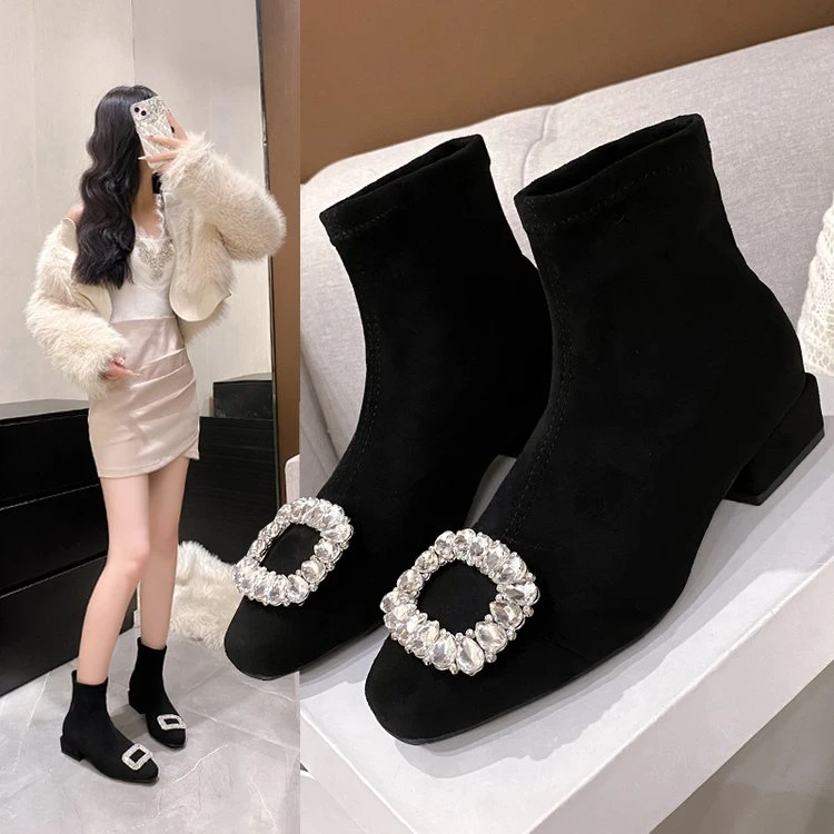 百搭时尚秋冬女鞋短靴中跟(3 - 5cm)冬季2025年冬季短筒圆头黑色