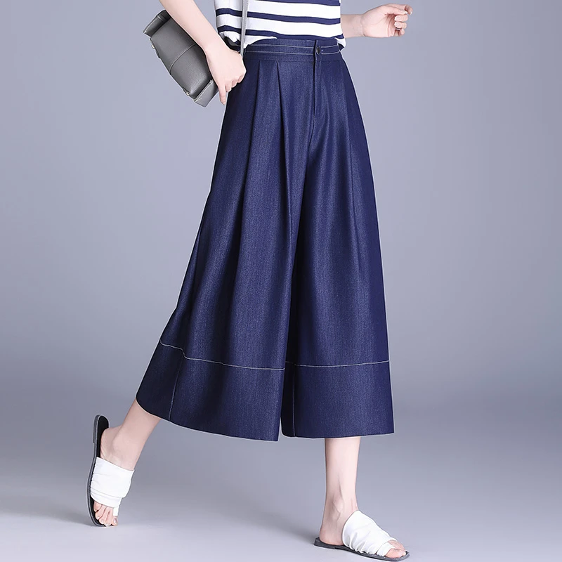 裙裤女牛仔蓝色阔腿裤2025年夏季新款高腰显瘦八分休闲裤气质裤裙