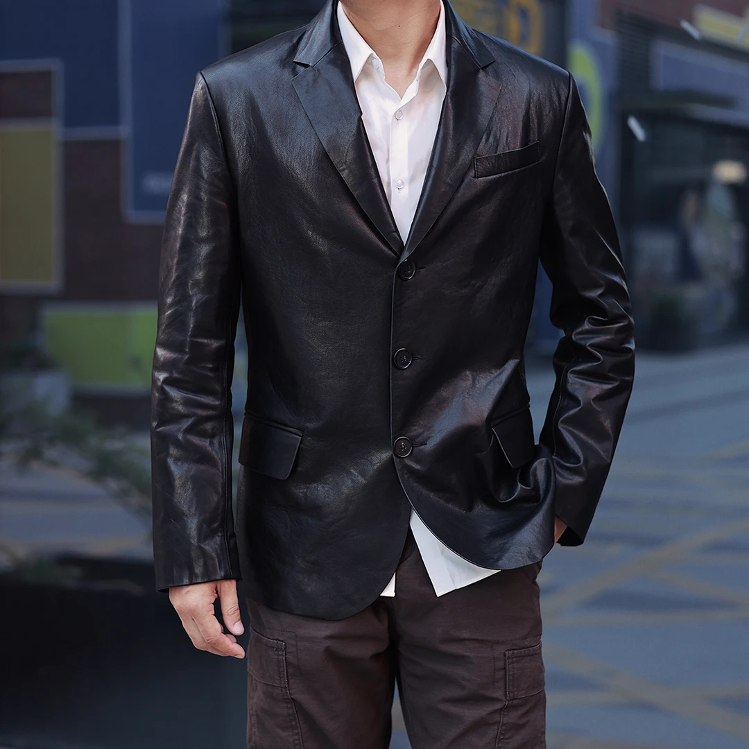 吉哥【皮西装】高品质油蜡头层小牛皮真皮皮衣男士休闲西服2025新款