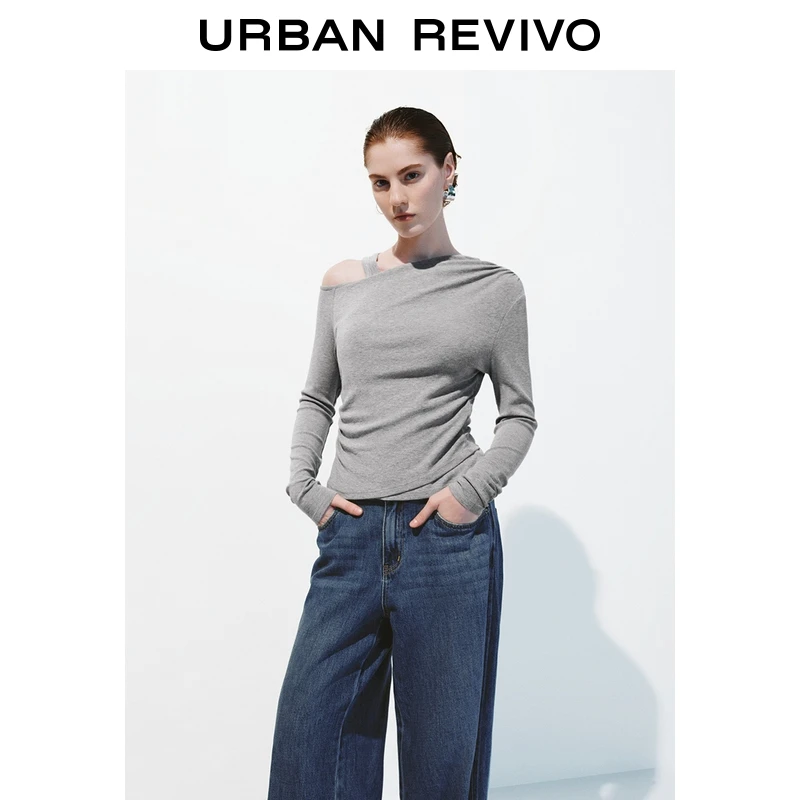 UR2026春季新款女装设计感斜肩领修身长袖T恤UWJ450163