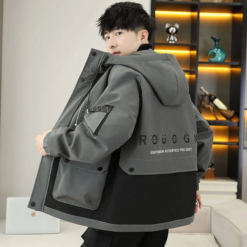 秋冬男士连帽外套时尚百搭帅气青年拼接夹克加绒保暖外搭上衣外套