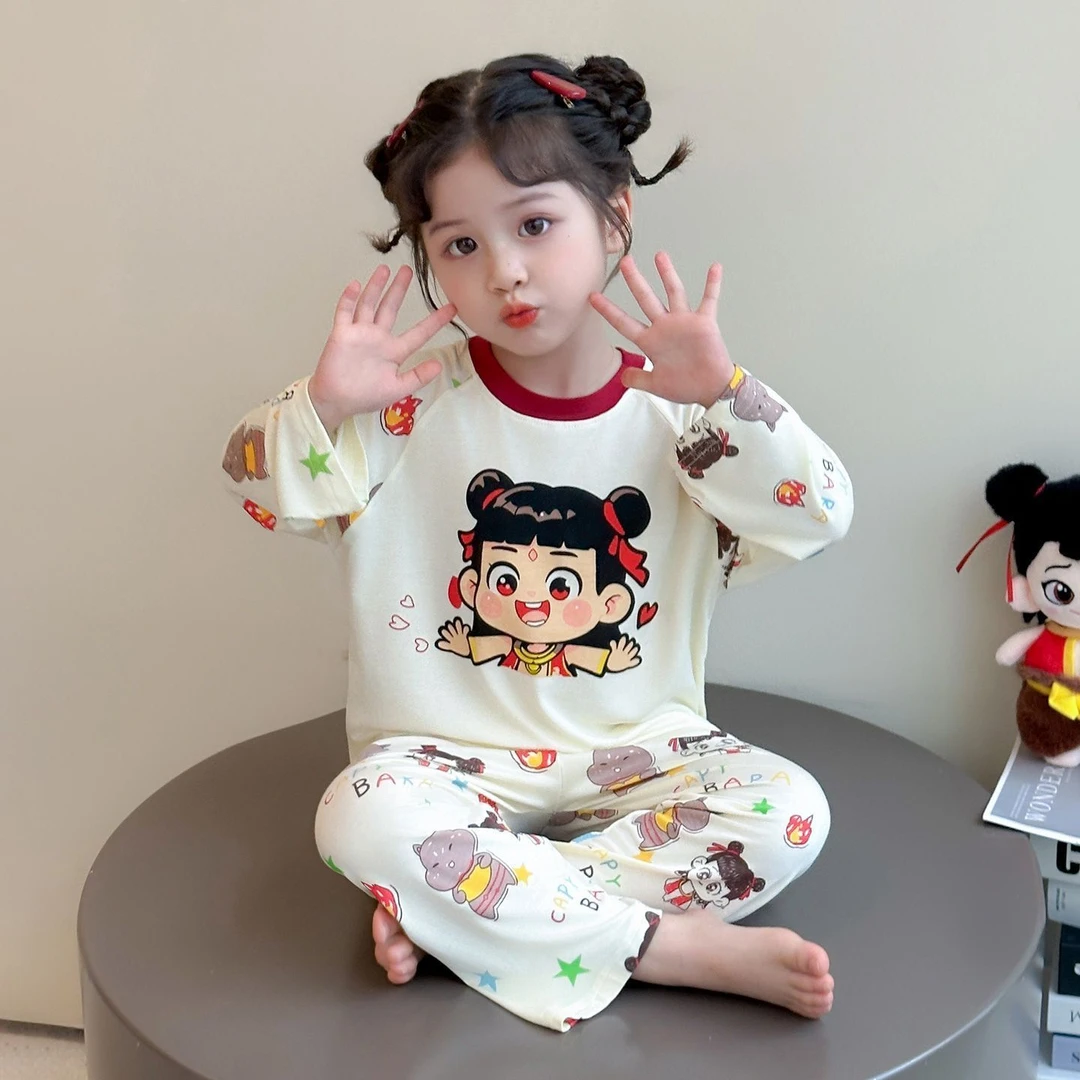 2025春秋季女童卡通睡衣套装两件装春秋款哪吒长袖睡衣家居服