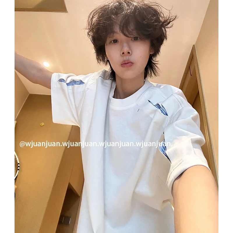 『WJUANJUAN』美式条纹结构拼接设计款夏季百搭男女短袖T恤衫
