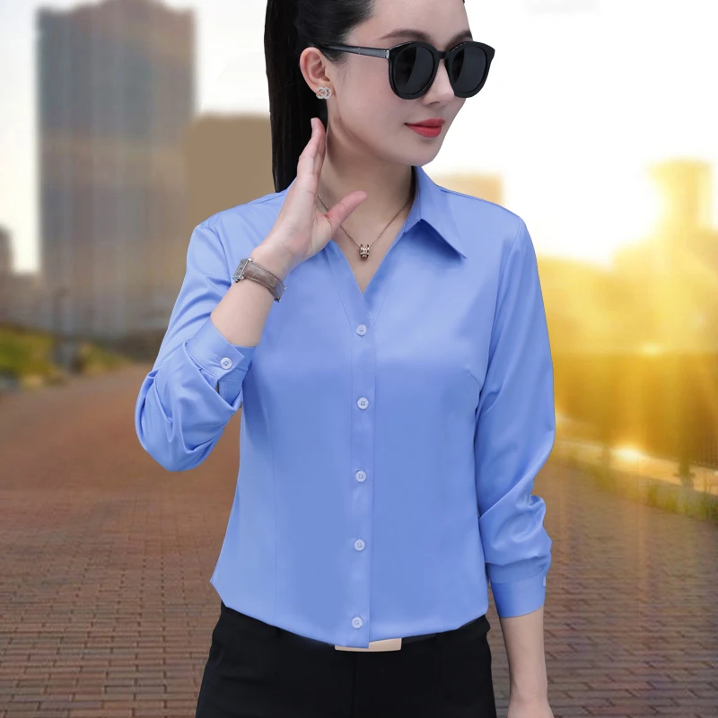 蓝色v领衬衫女长袖春季新款气质工装正装工作服面试职业免烫衬衣