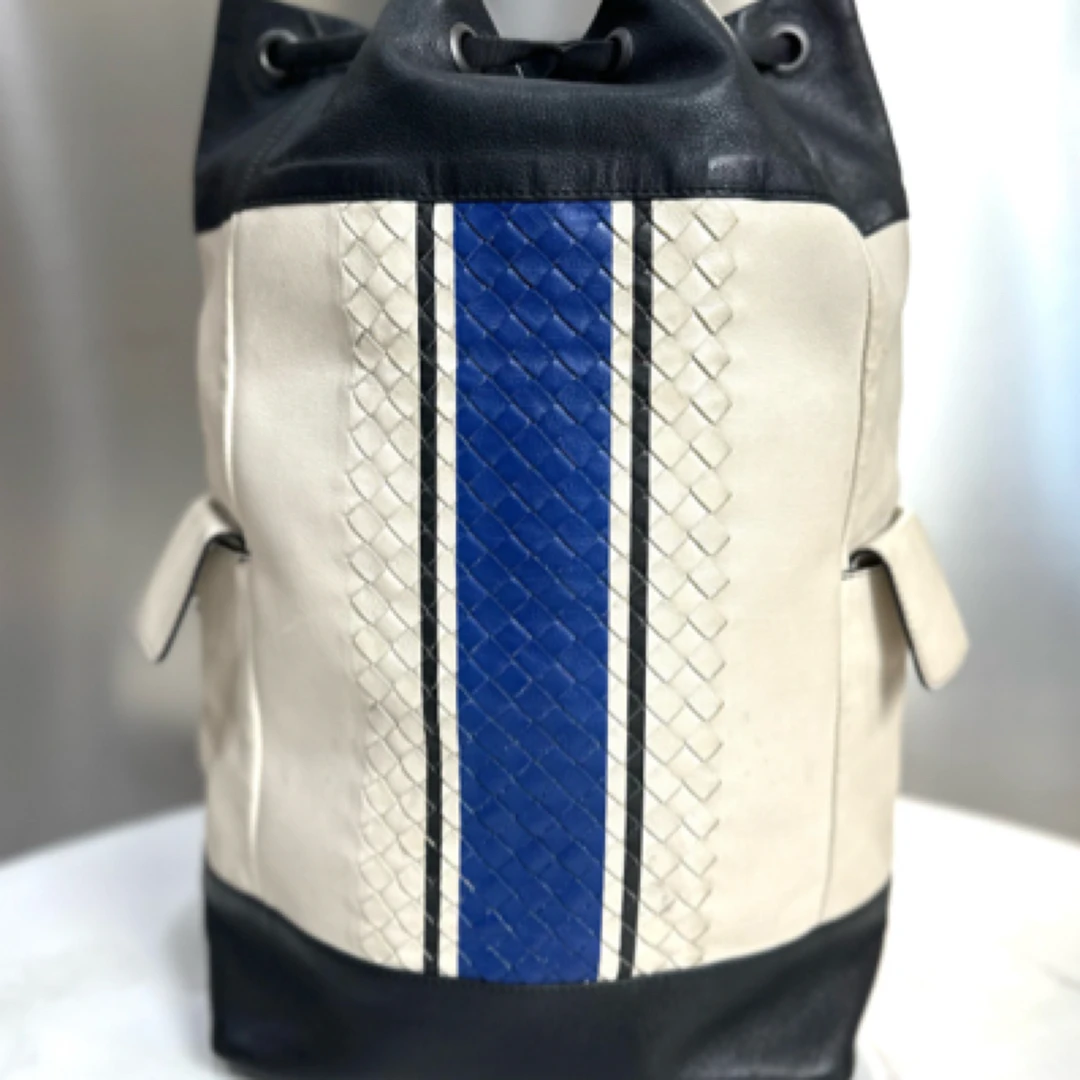 95新 BOTTEGA VENETA/葆蝶家 双肩包白色加蓝色编织配色11432917