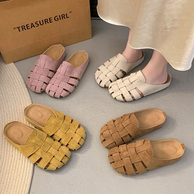 拖鞋女鞋外穿小众复古编织包头半拖鞋鞋子外穿厚底包头半拖鞋方头