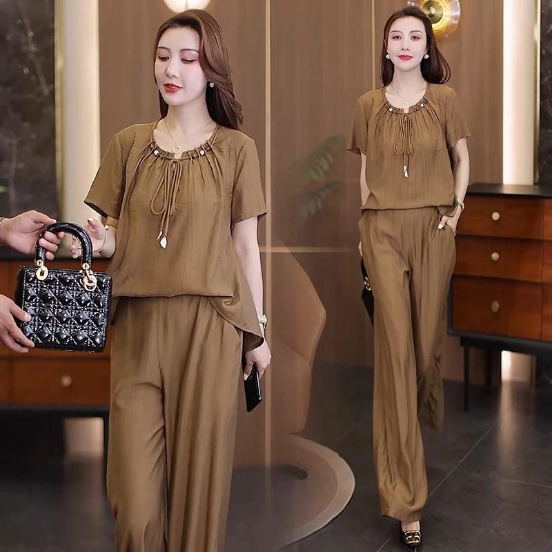 夏装时尚套装女夏季新款小个子洋气减龄短袖上衣女装阔腿裤两件套