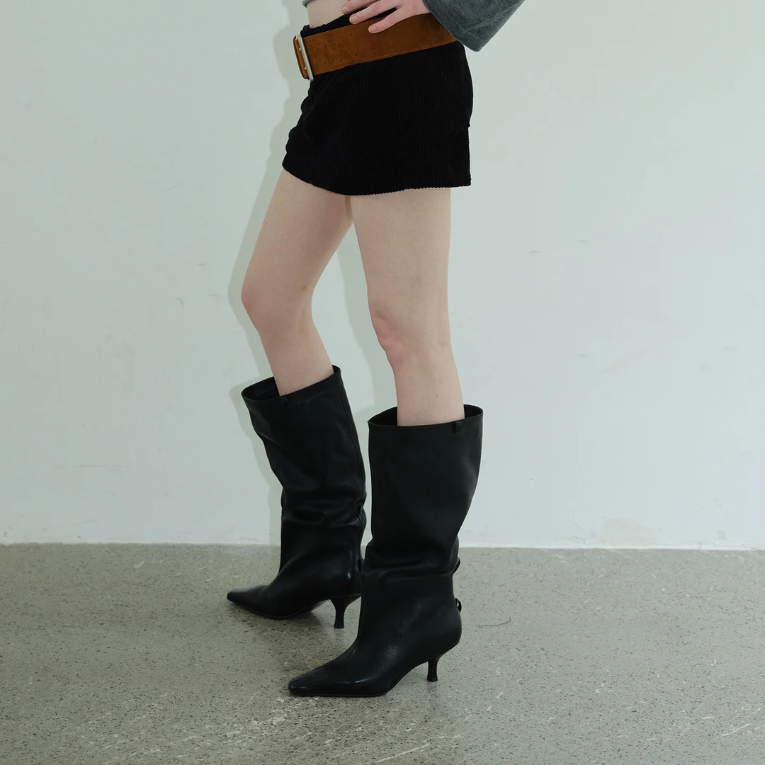 maltelle原创设计复古手工尖头长靴女小羊皮秋冬新款细高跟靴子女