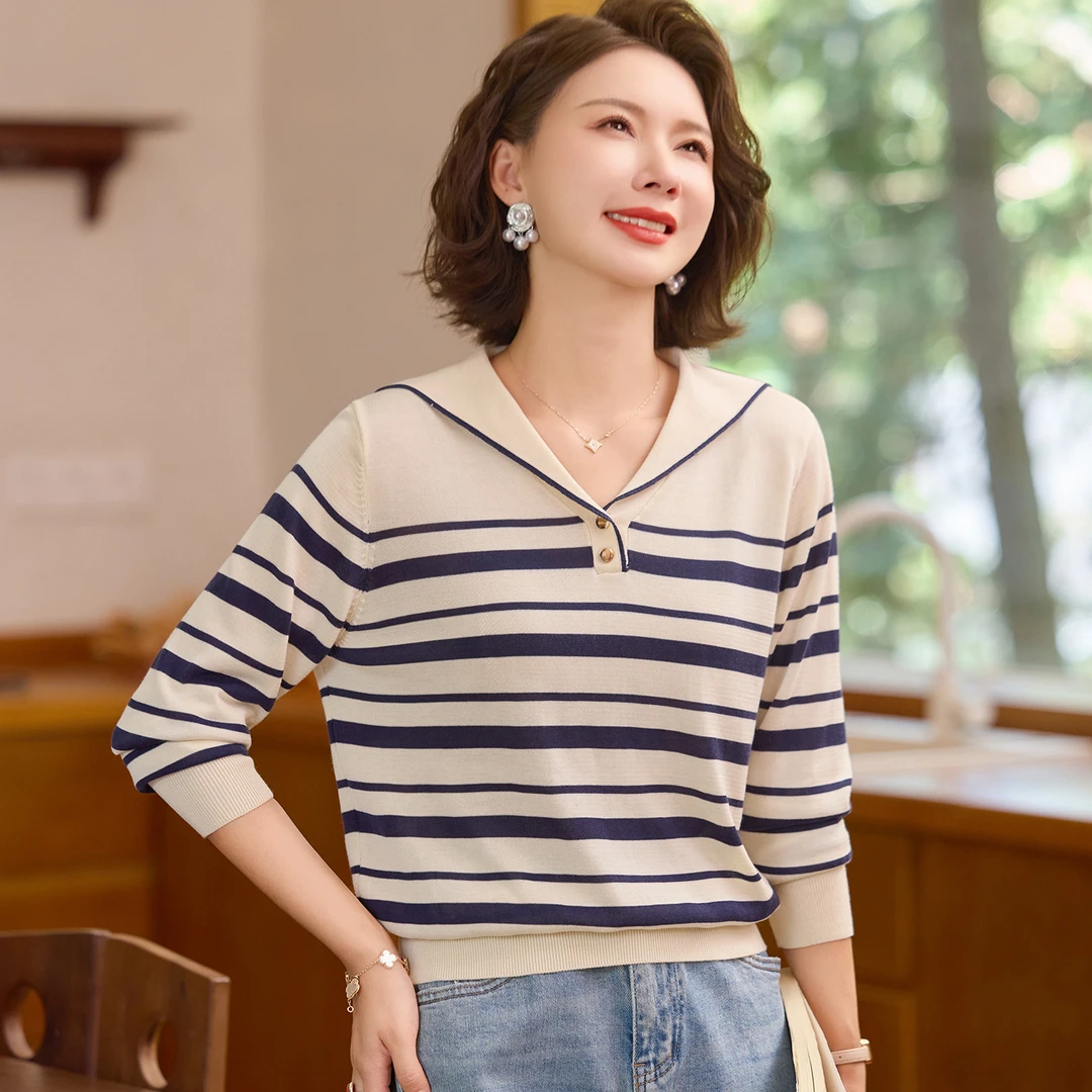 喜卉洋气妈妈秋装针织小衫时尚减龄中老年女装春秋海军领条纹上衣
