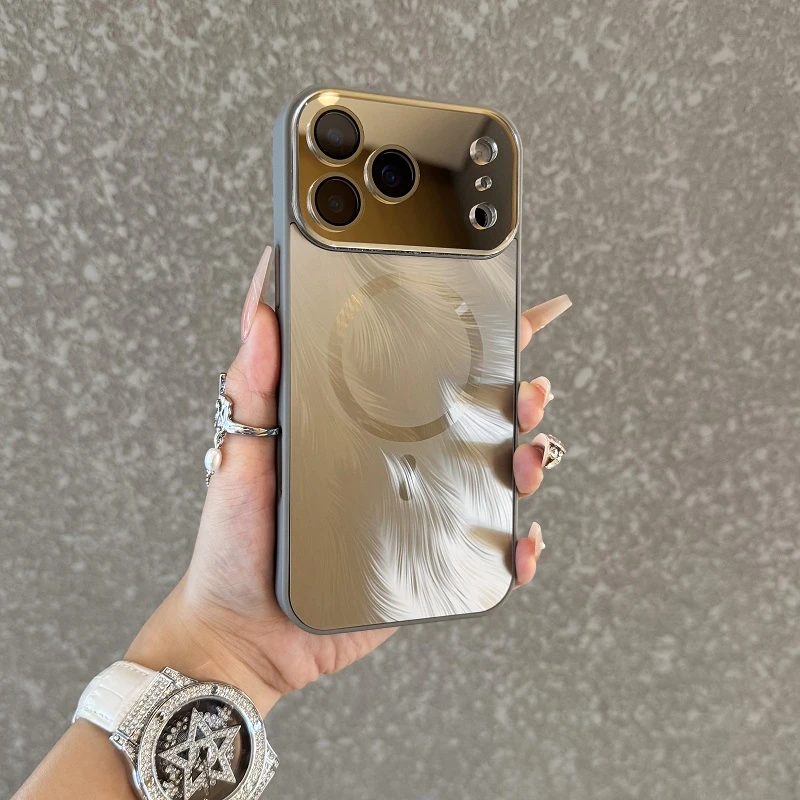 高颜值镭射羽毛适用于iPhone17promax手机壳磨砂磁吸苹果镜头全包